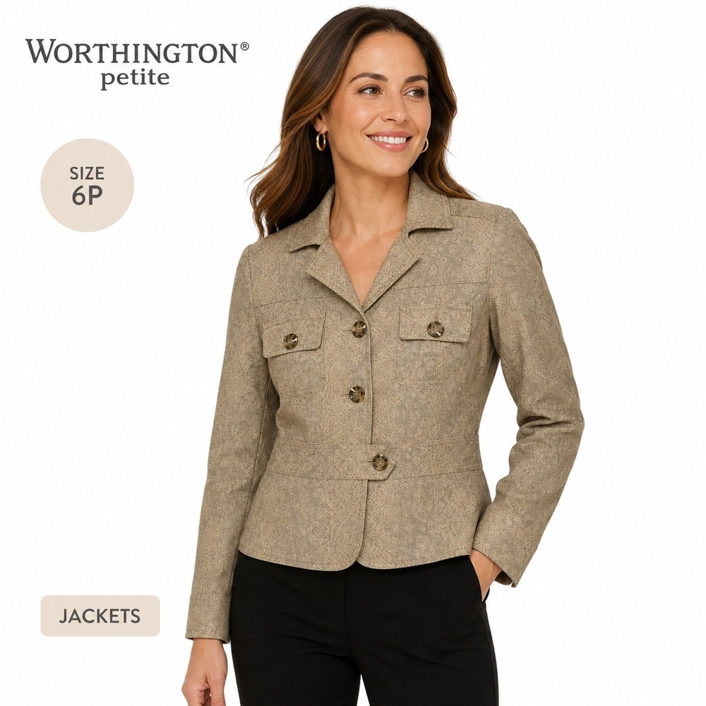 Worthington Blazer Women‎ 6P Tan Snakeskin Print Tailored Petite Y2K Officecore